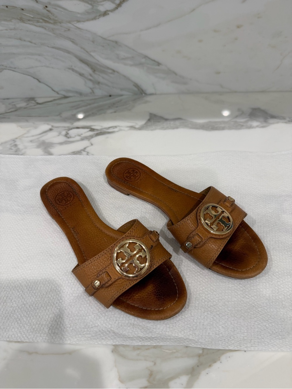 Tory Burch Tan Leather Logo Slide Sandals